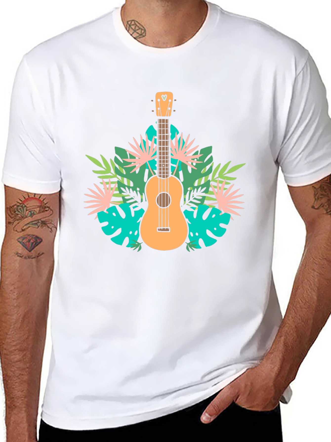 Tropical Ukulele Graphic Tee - Black Casual T-Shirt