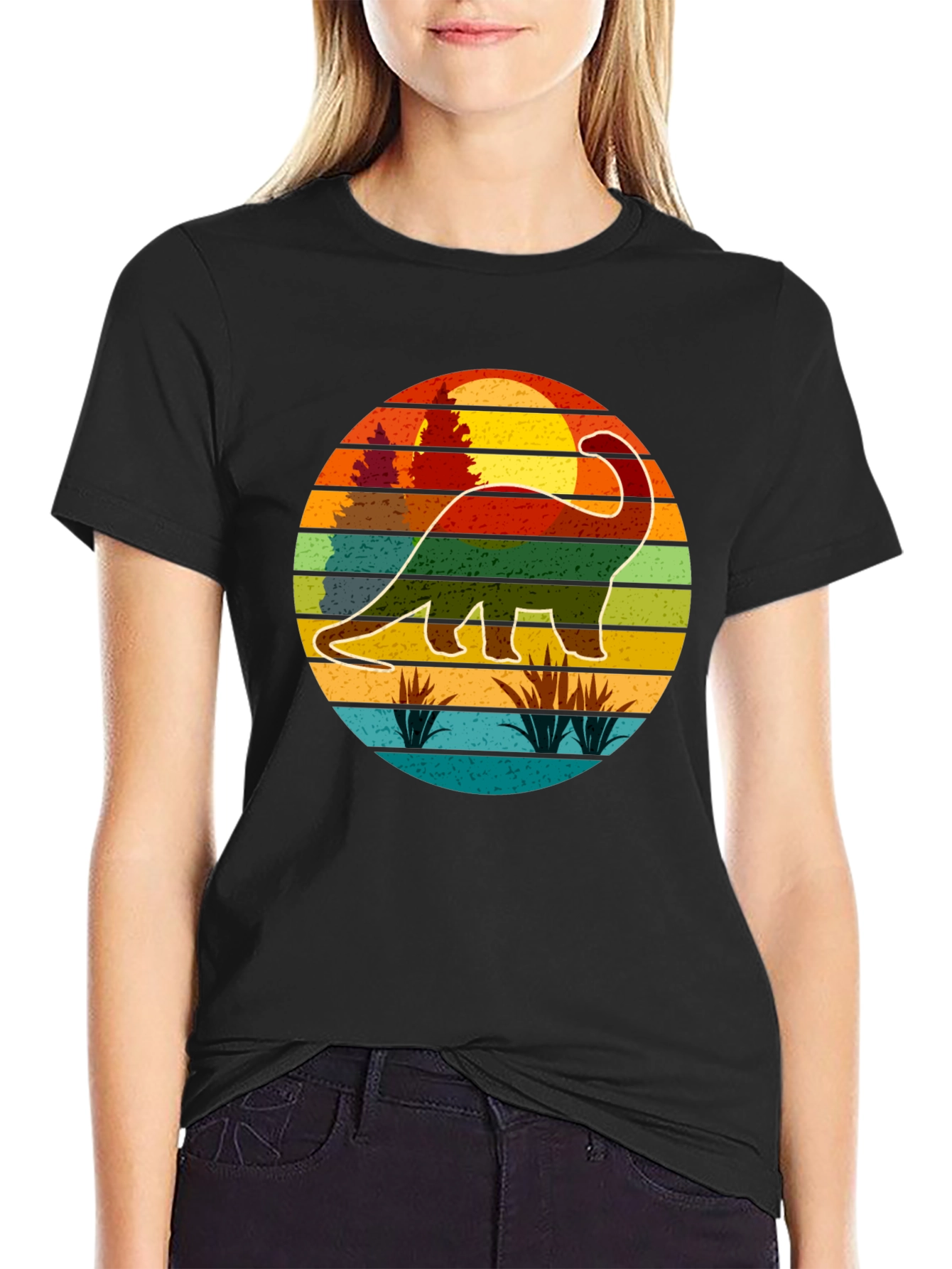 Retro Dinosaur Sunset Graphic T-Shirt