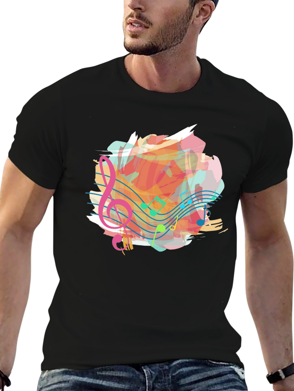 Musical Note Splash Graphic Tee - Black Cotton Shirt