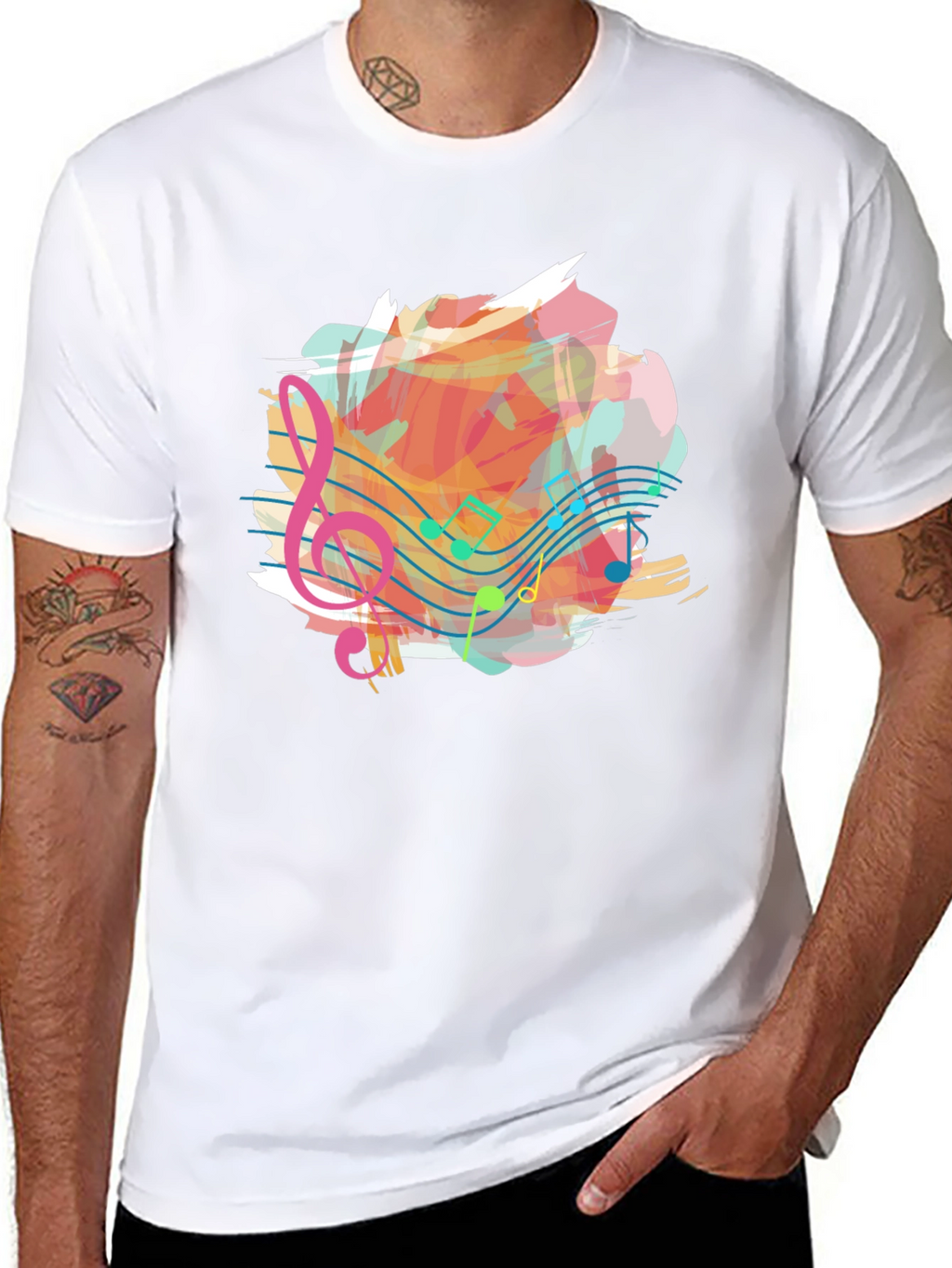 Musical Note Splash Graphic Tee - Black Cotton Shirt