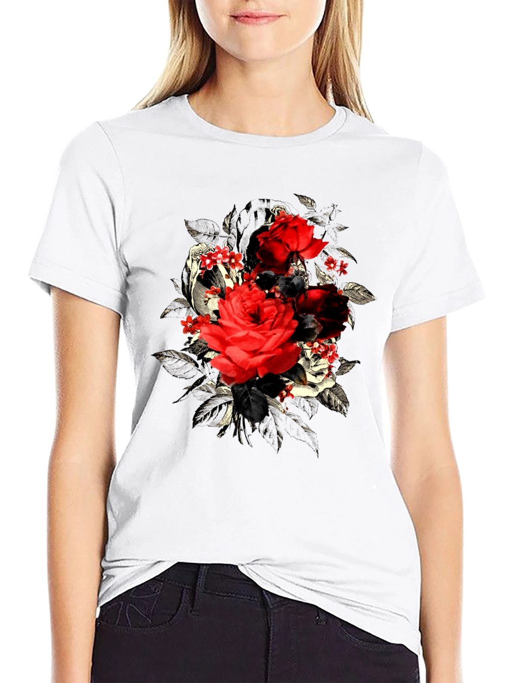 Rose Floral Skull Graphic Mens T-Shirt