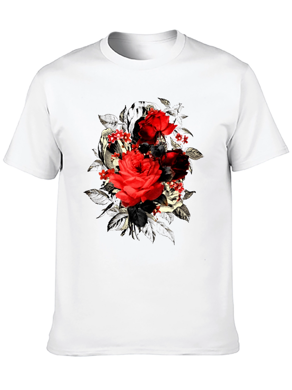 Rose Floral Skull Graphic Mens T-Shirt