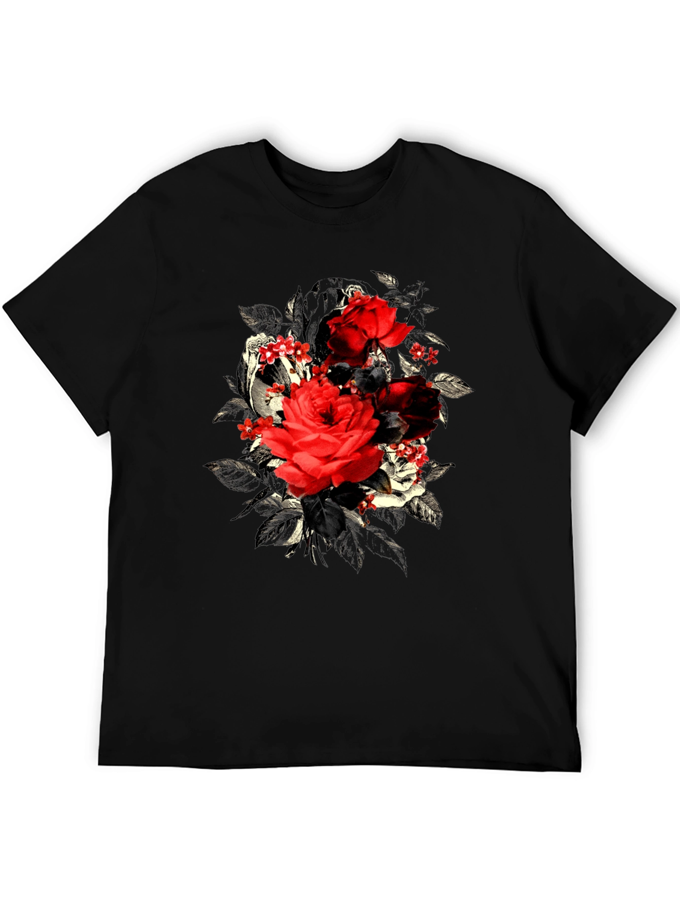 Rose Floral Skull Graphic Mens T-Shirt