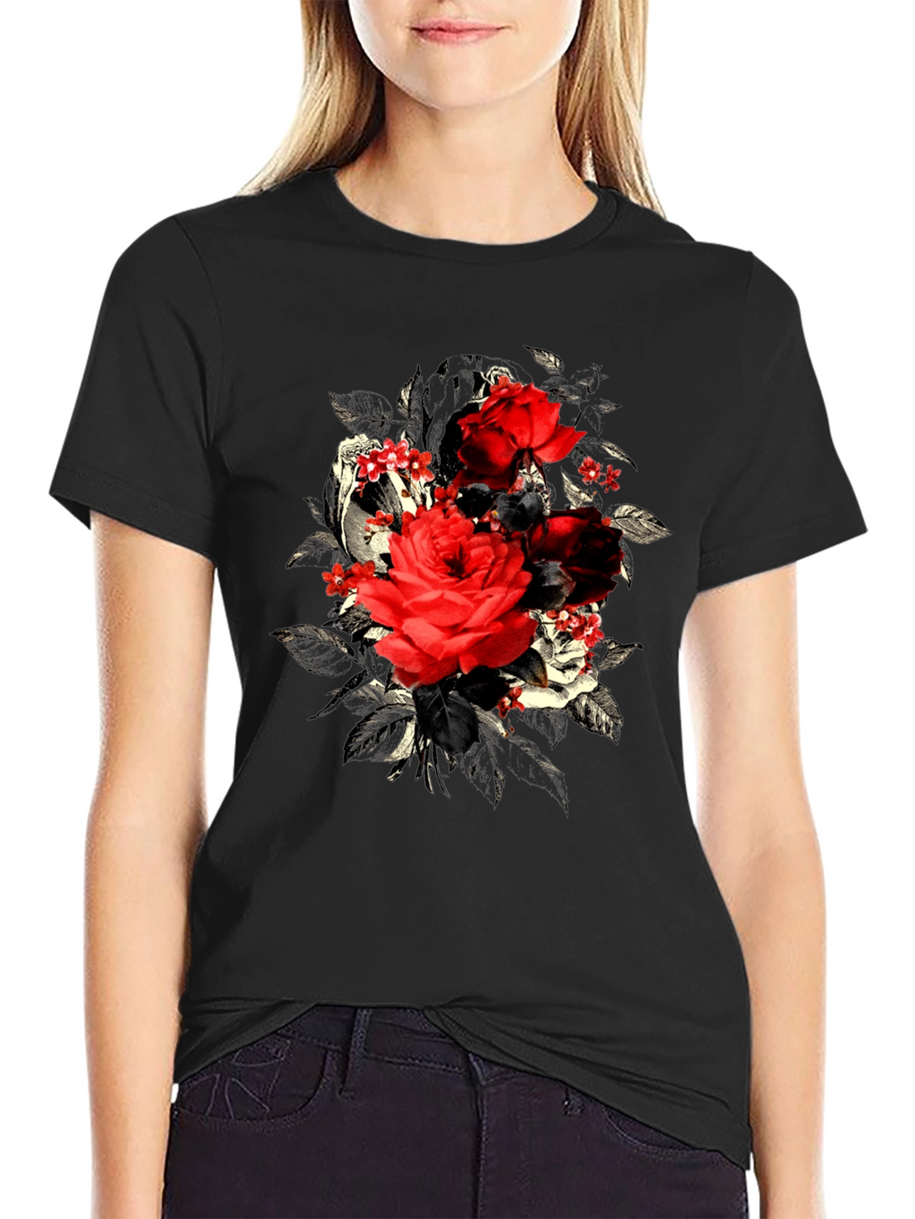 Rose Floral Skull Graphic Mens T-Shirt