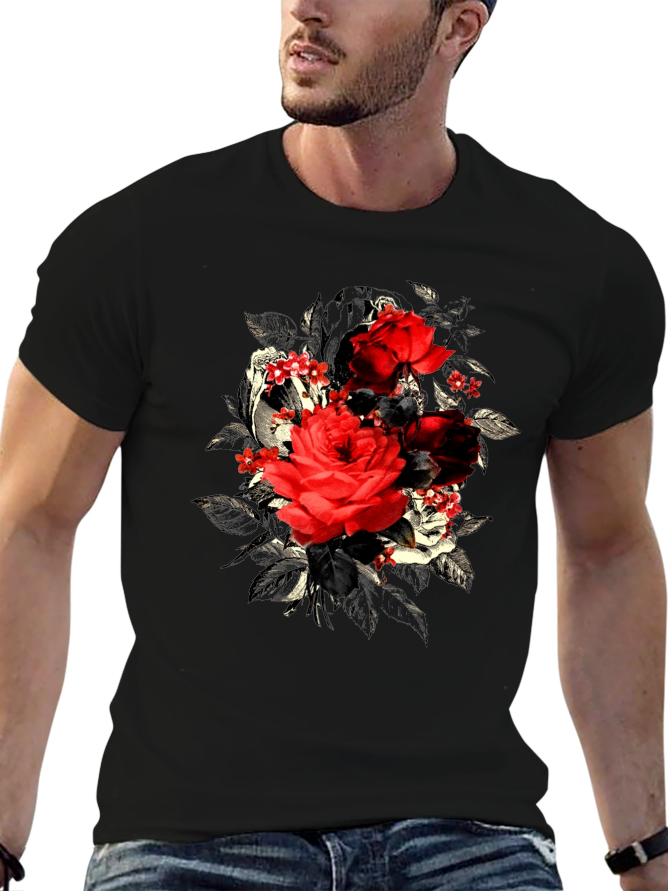 Rose Floral Skull Graphic Mens T-Shirt
