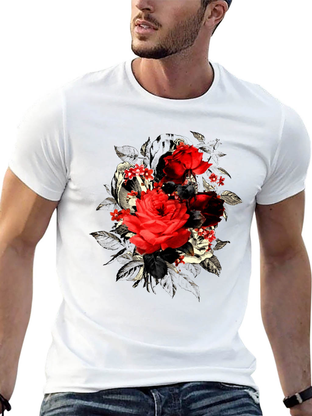 Rose Floral Skull Graphic Mens T-Shirt