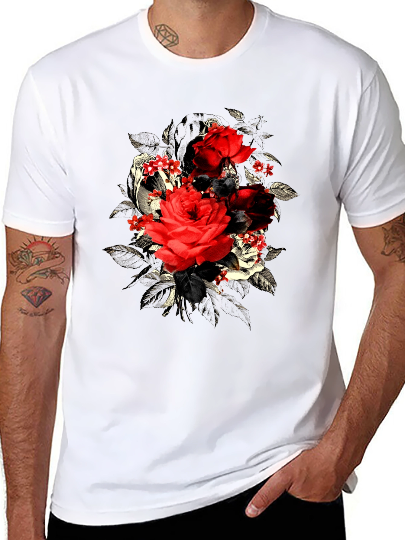 Rose Floral Skull Graphic Mens T-Shirt