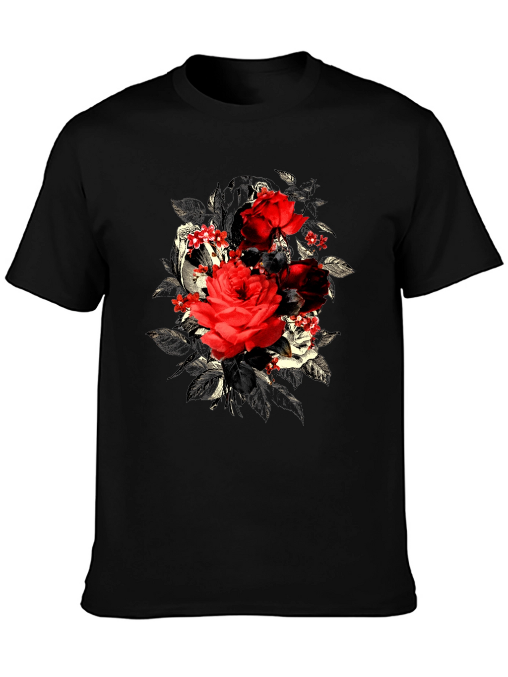 Rose Floral Skull Graphic Mens T-Shirt