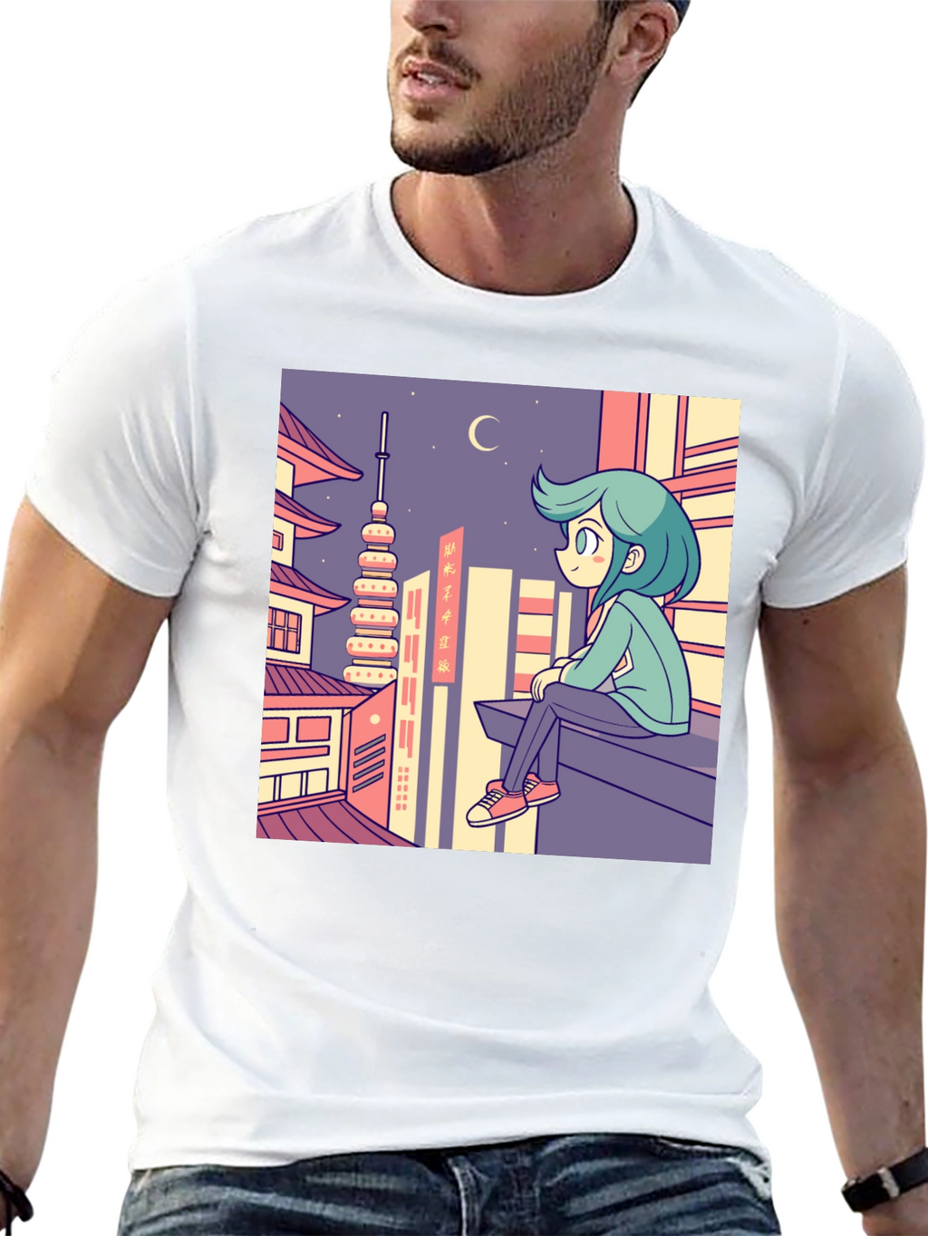 Anime Cityscape Graphic Tee - Relaxed Urban Style