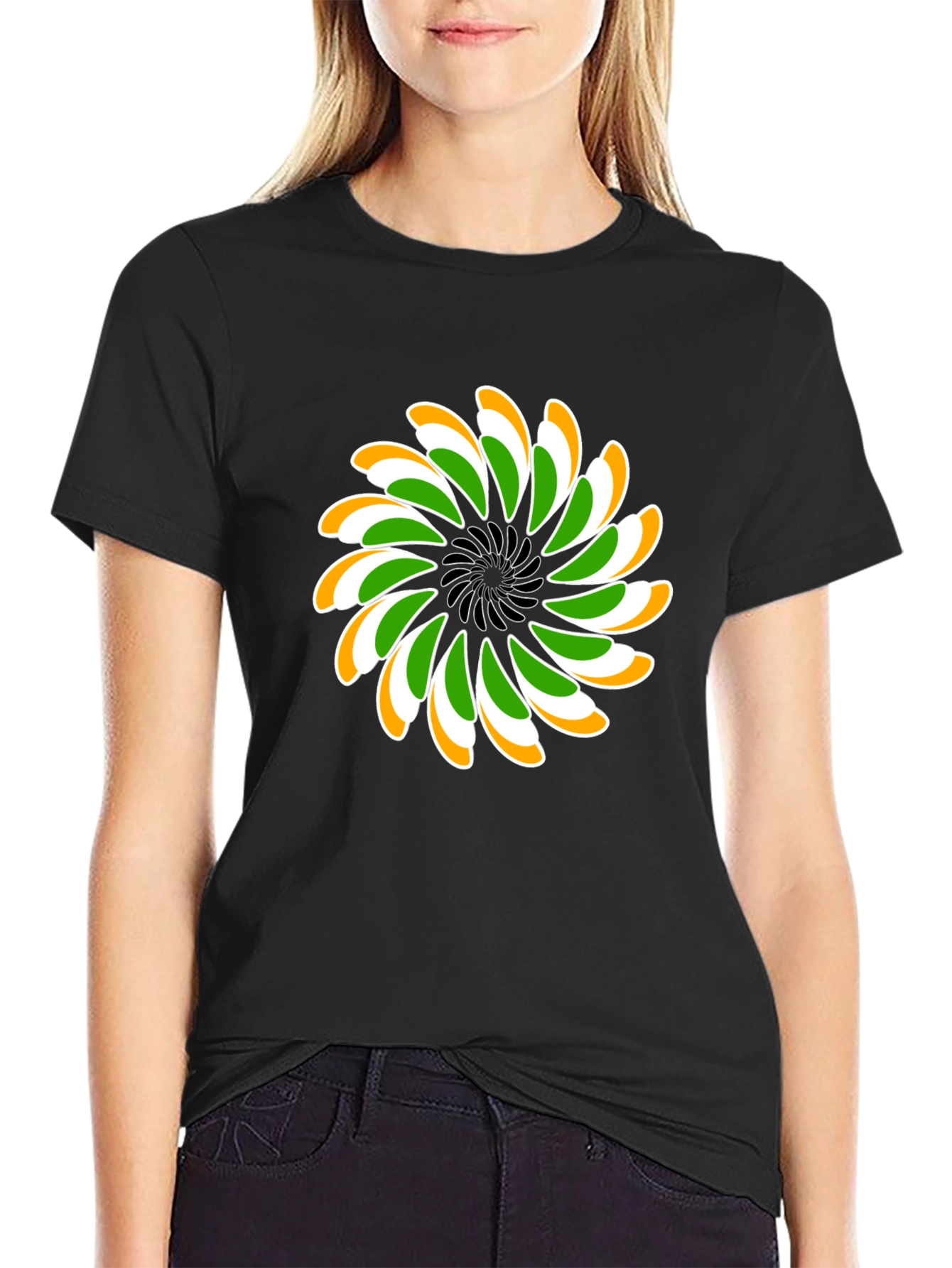 Indian Flag Floral T-Shirt - Black Cotton Blend