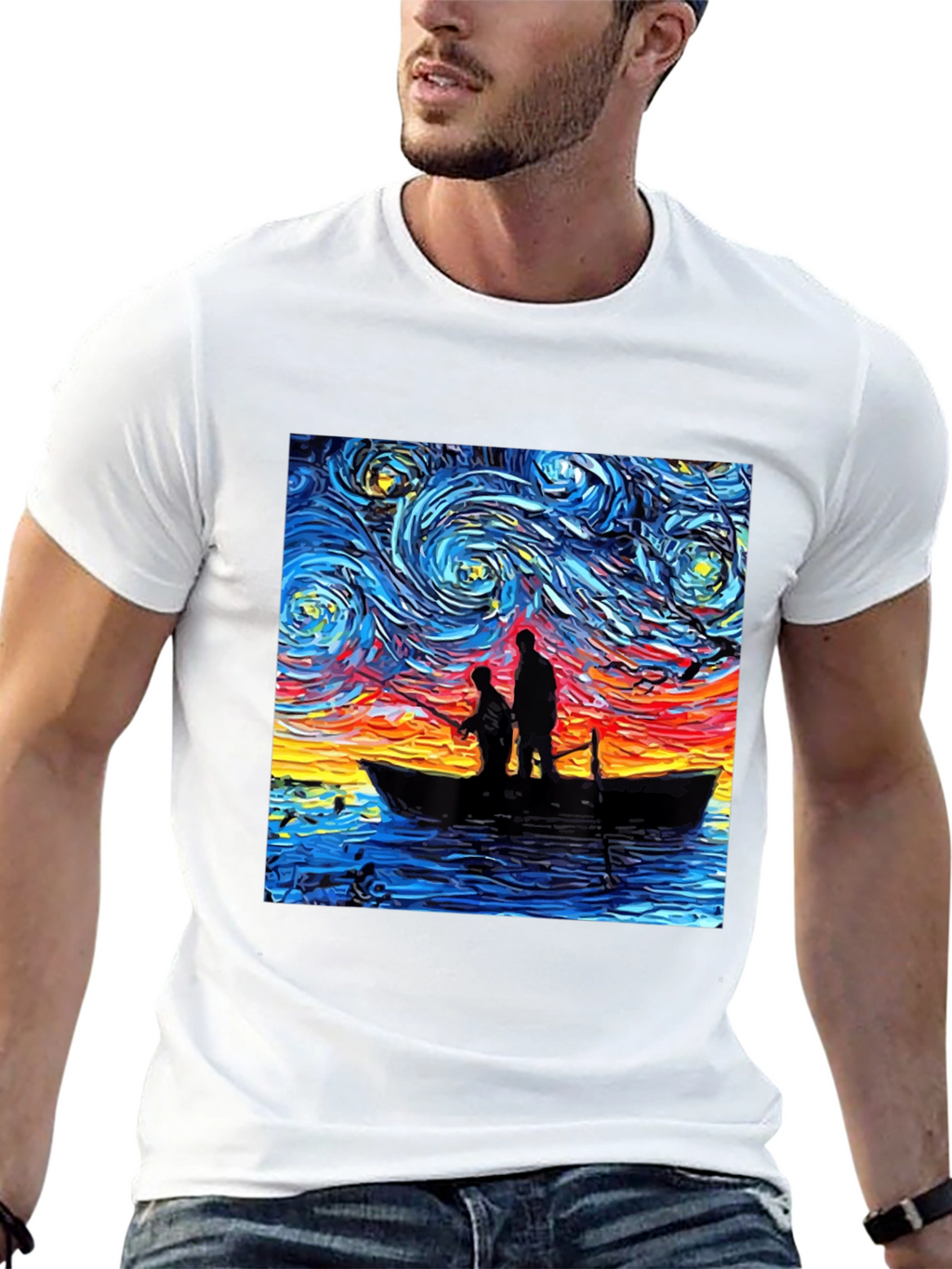 Starry Night Fishing Graphic Tee - Unique Art Shirt