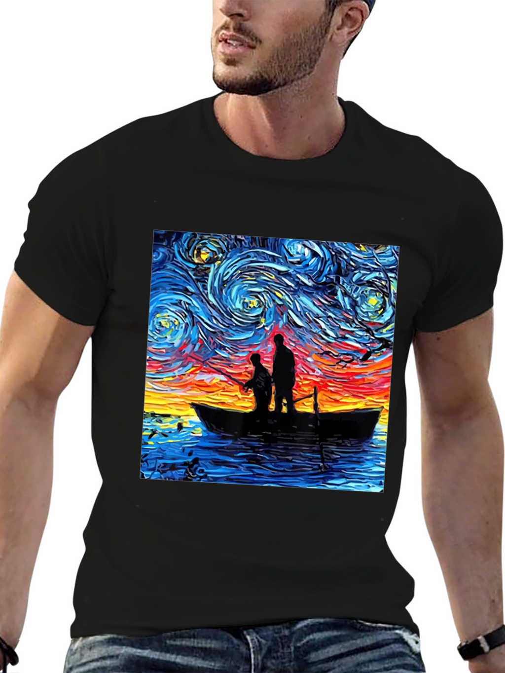 Starry Night Fishing Graphic Tee - Unique Art Shirt