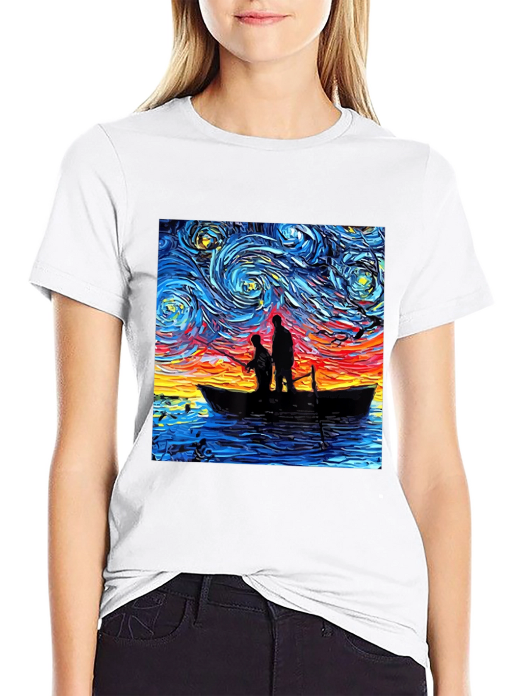 Starry Night Fishing Graphic Tee - Unique Art Shirt