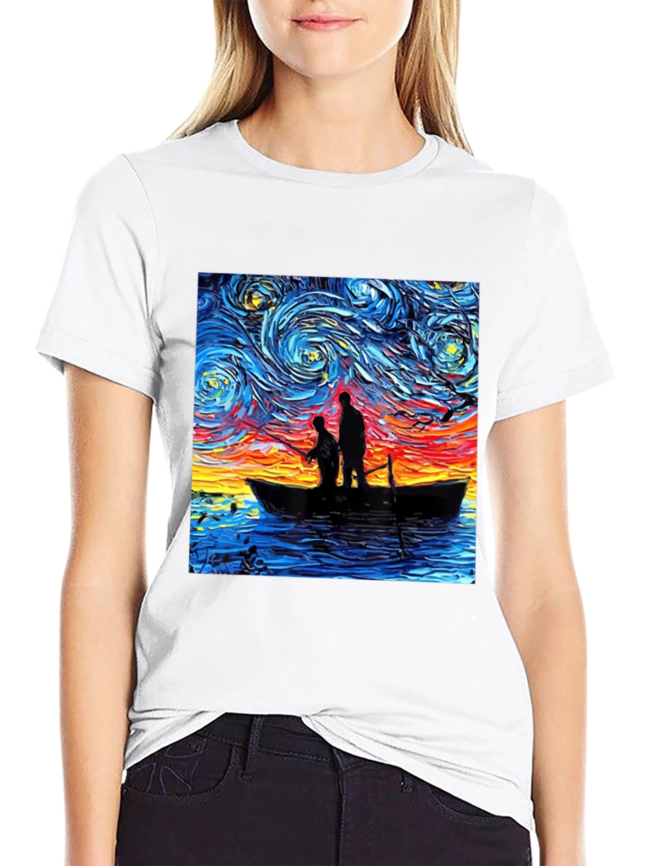 Starry Night Fishing Graphic Tee - Unique Art Shirt