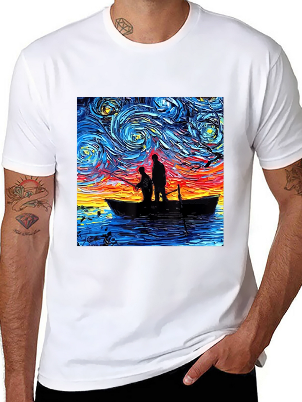 Starry Night Fishing Graphic Tee - Unique Art Shirt