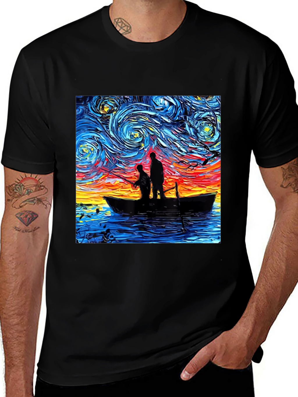 Starry Night Fishing Graphic Tee - Unique Art Shirt