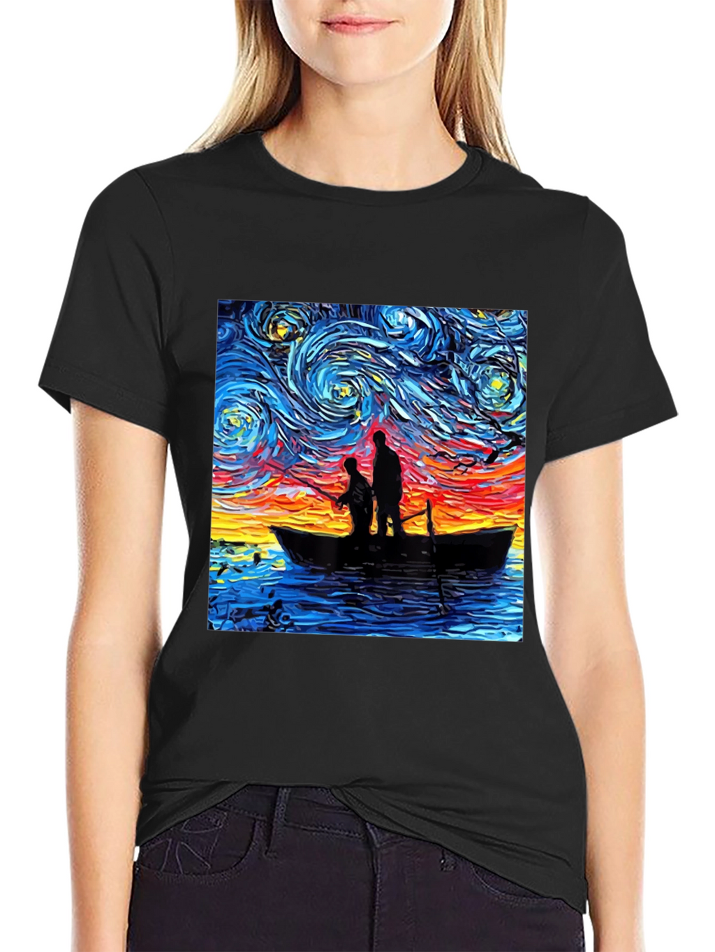 Starry Night Fishing Graphic Tee - Unique Art Shirt