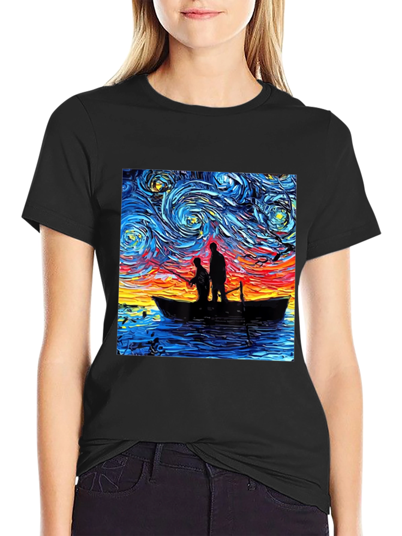 Starry Night Fishing Graphic Tee - Unique Art Shirt
