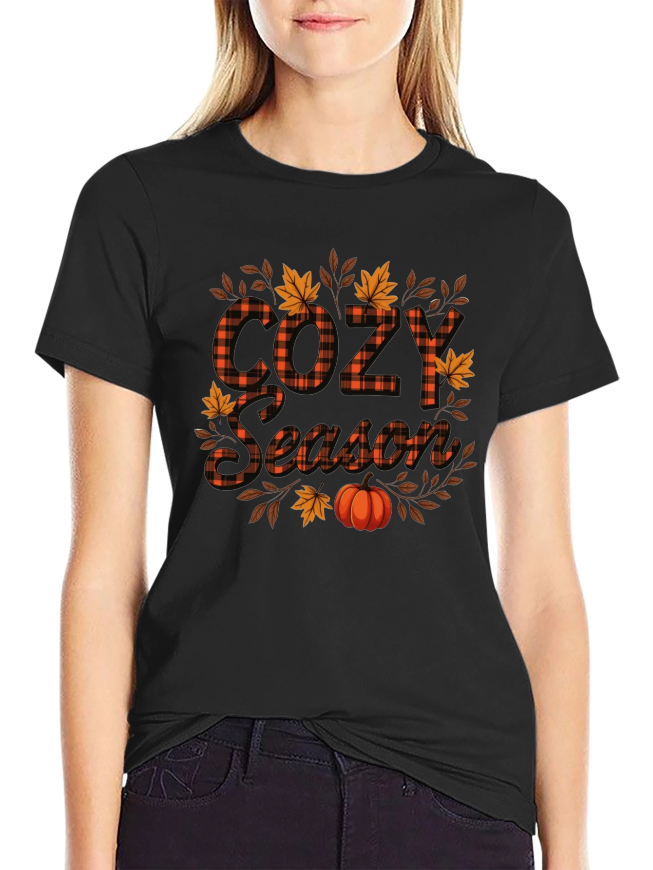 Cozy Season Fall Pumpkin Plaid Graphic Tee