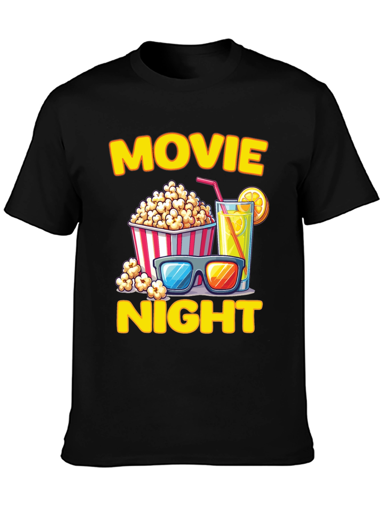 Movie Night T-Shirt - Popcorn Drink and Glasses