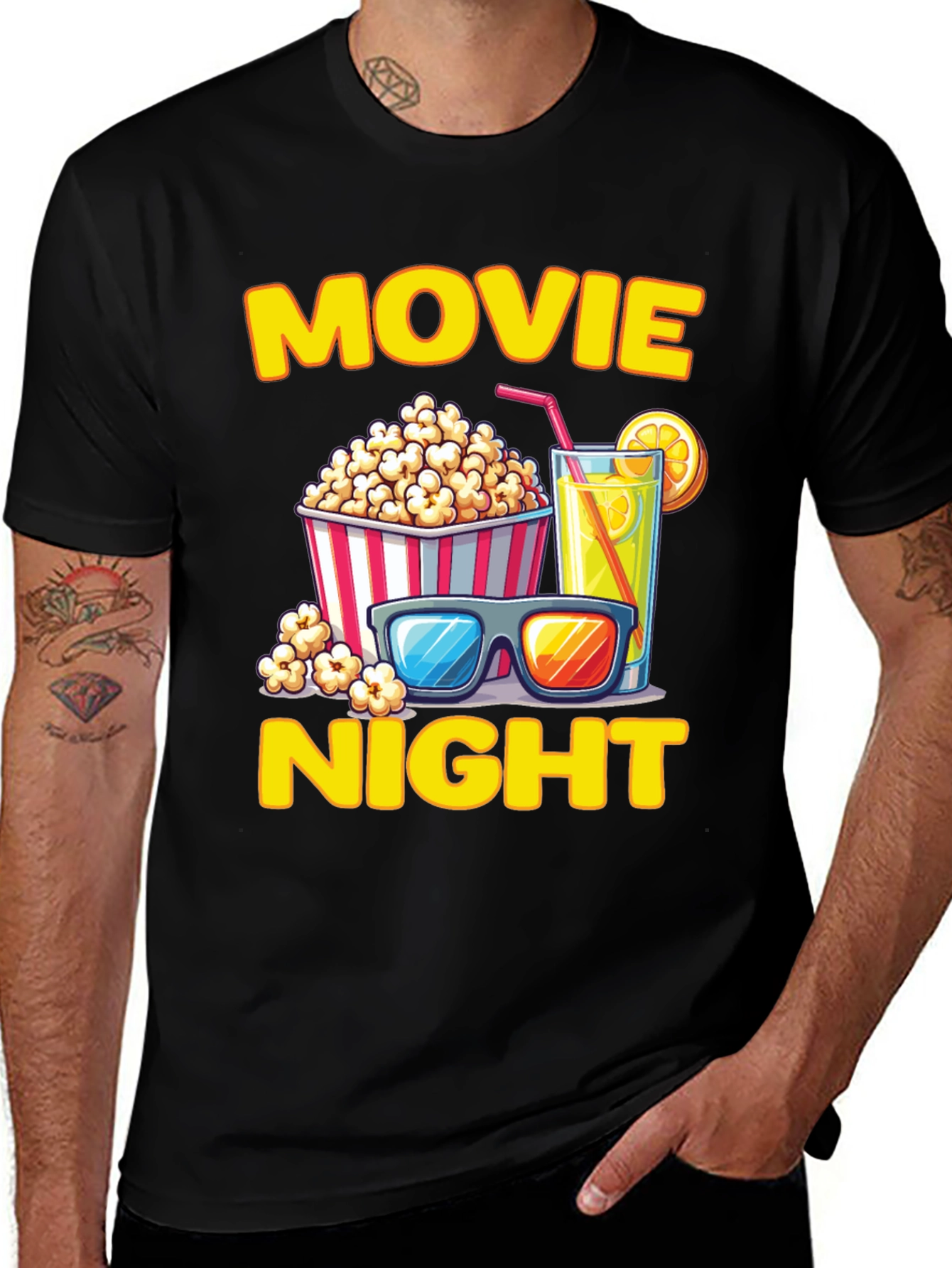 Movie Night T-Shirt - Popcorn Drink and Glasses