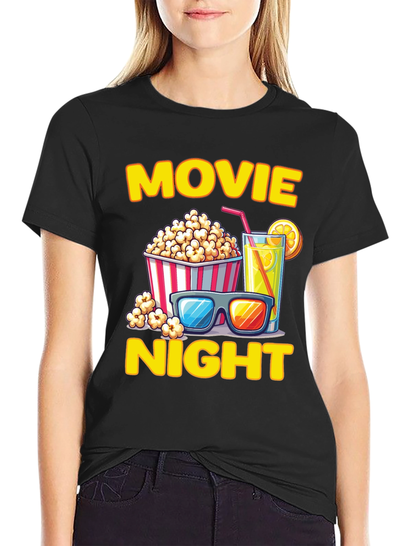 Movie Night T-Shirt - Popcorn Drink and Glasses