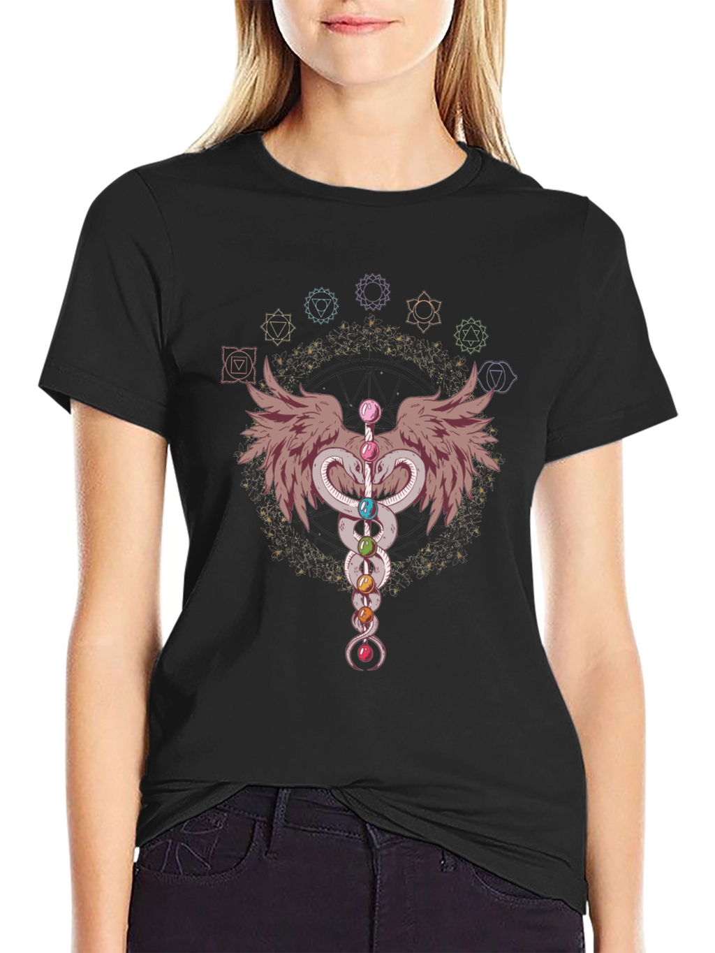 Chakra Snakes & Wings Graphic T-Shirt - Black