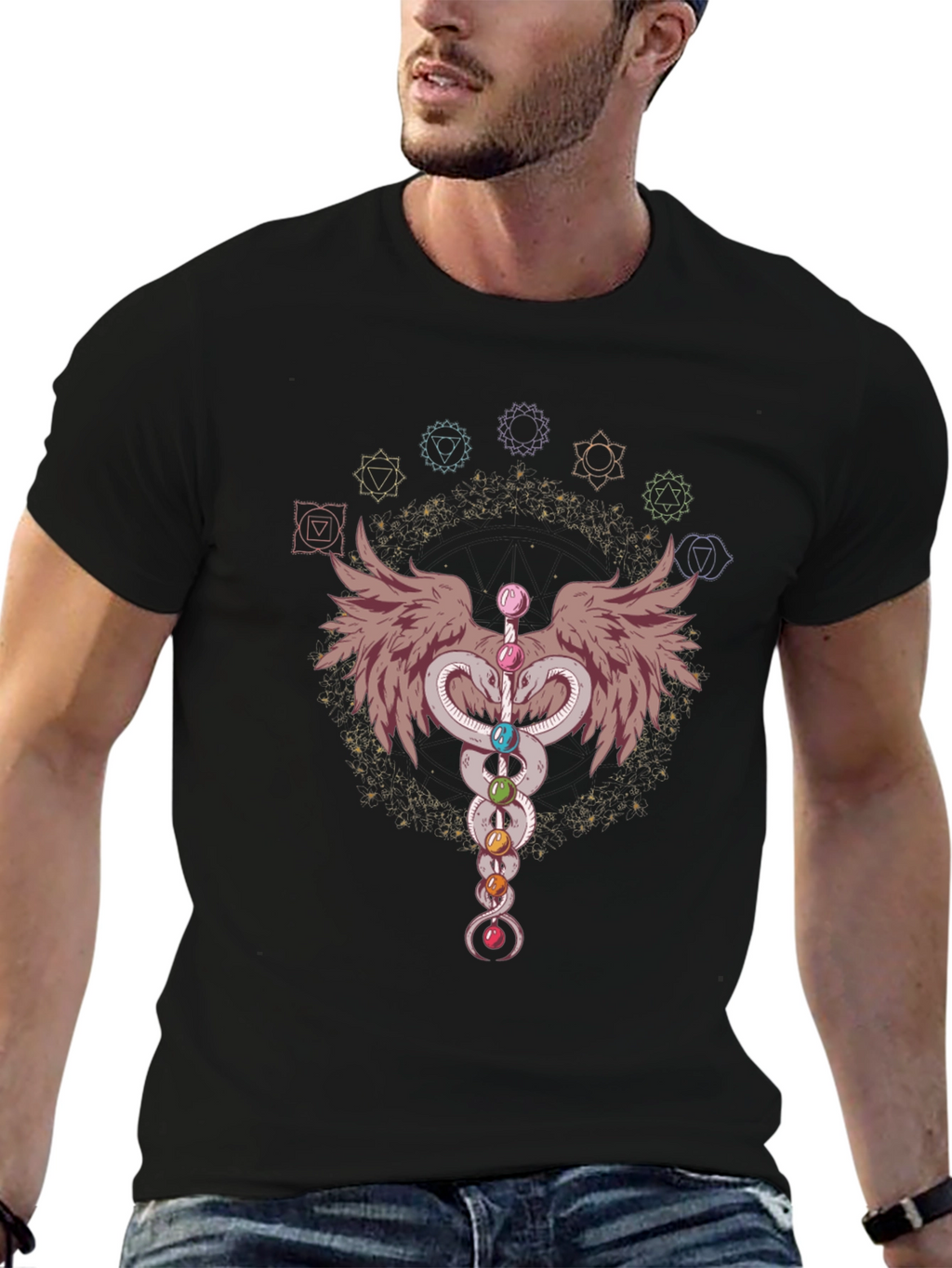 Chakra Snakes & Wings Graphic T-Shirt - Black