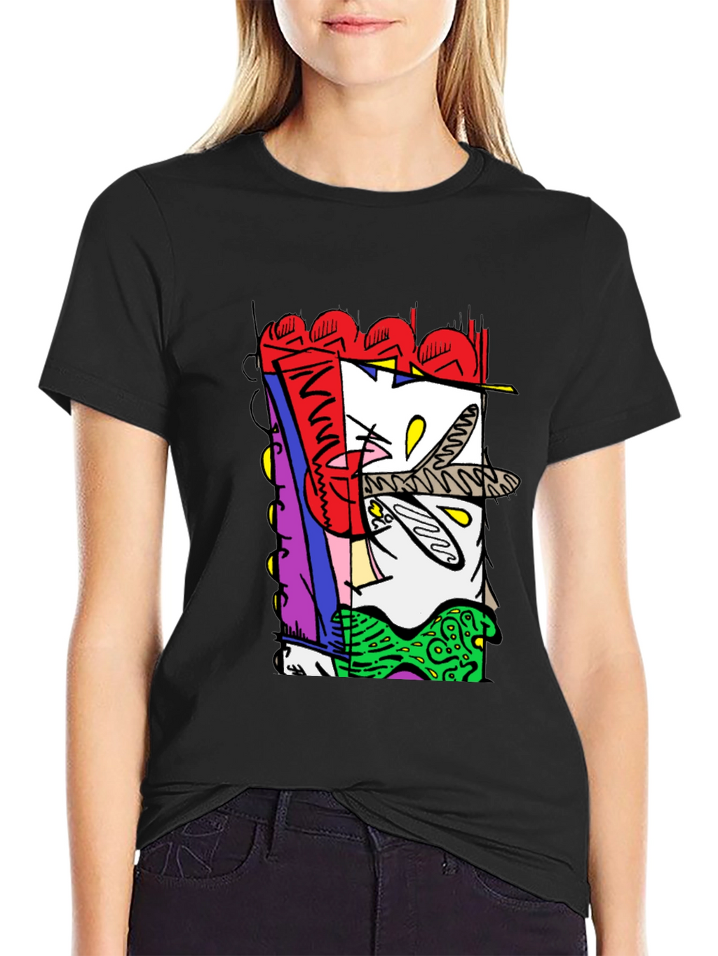 Abstract Graphic Print Black Crew Neck Tee