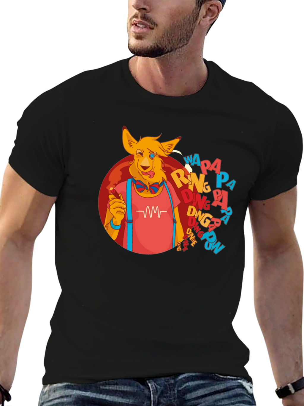 Cartoon Dog Graphic T-Shirt - Black Crew Neck Tee
