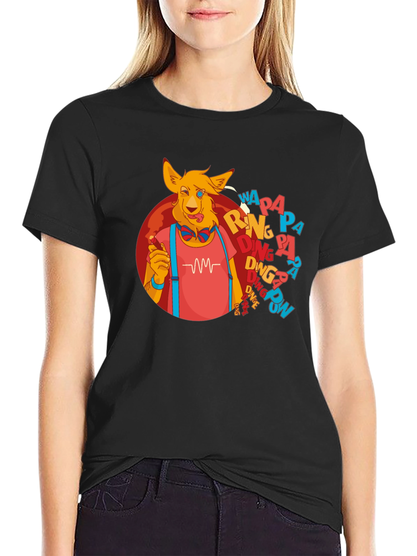 Cartoon Dog Graphic T-Shirt - Black Crew Neck Tee