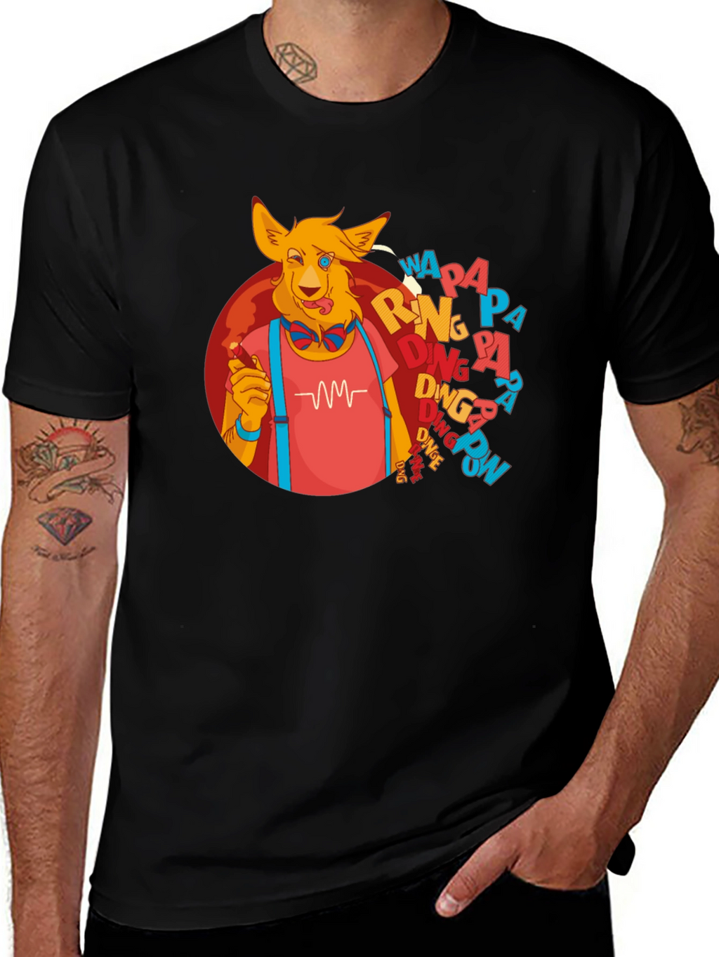 Cartoon Dog Graphic T-Shirt - Black Crew Neck Tee
