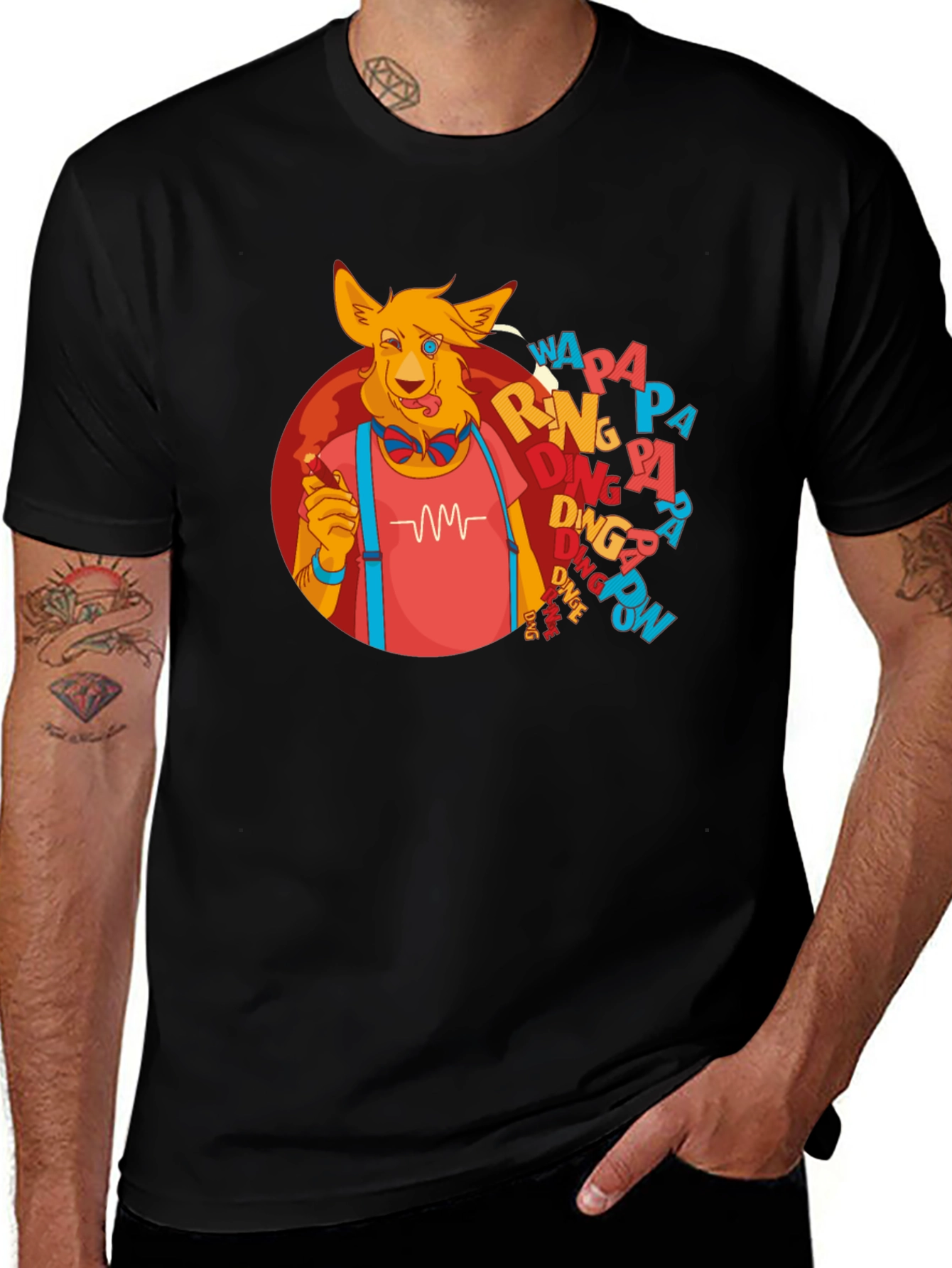 Cartoon Dog Graphic T-Shirt - Black Crew Neck Tee