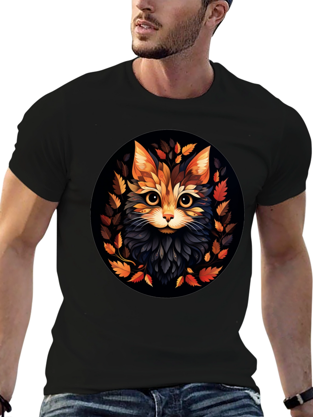 Stylish Cat Art Black T-Shirt