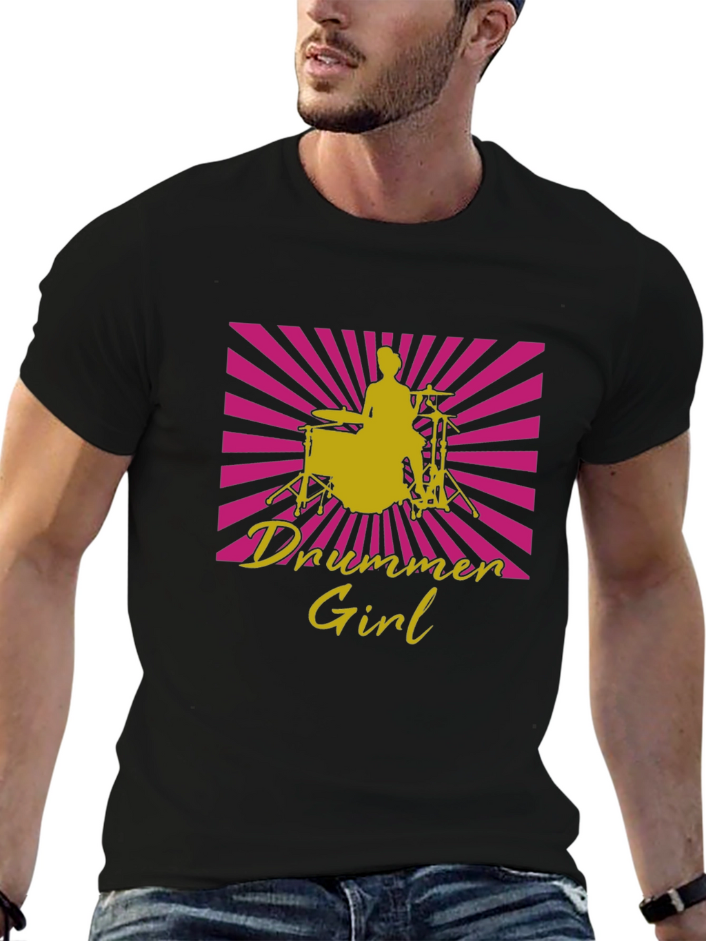 Drummer Girl Graphic Tee - Black Cotton T-Shirt