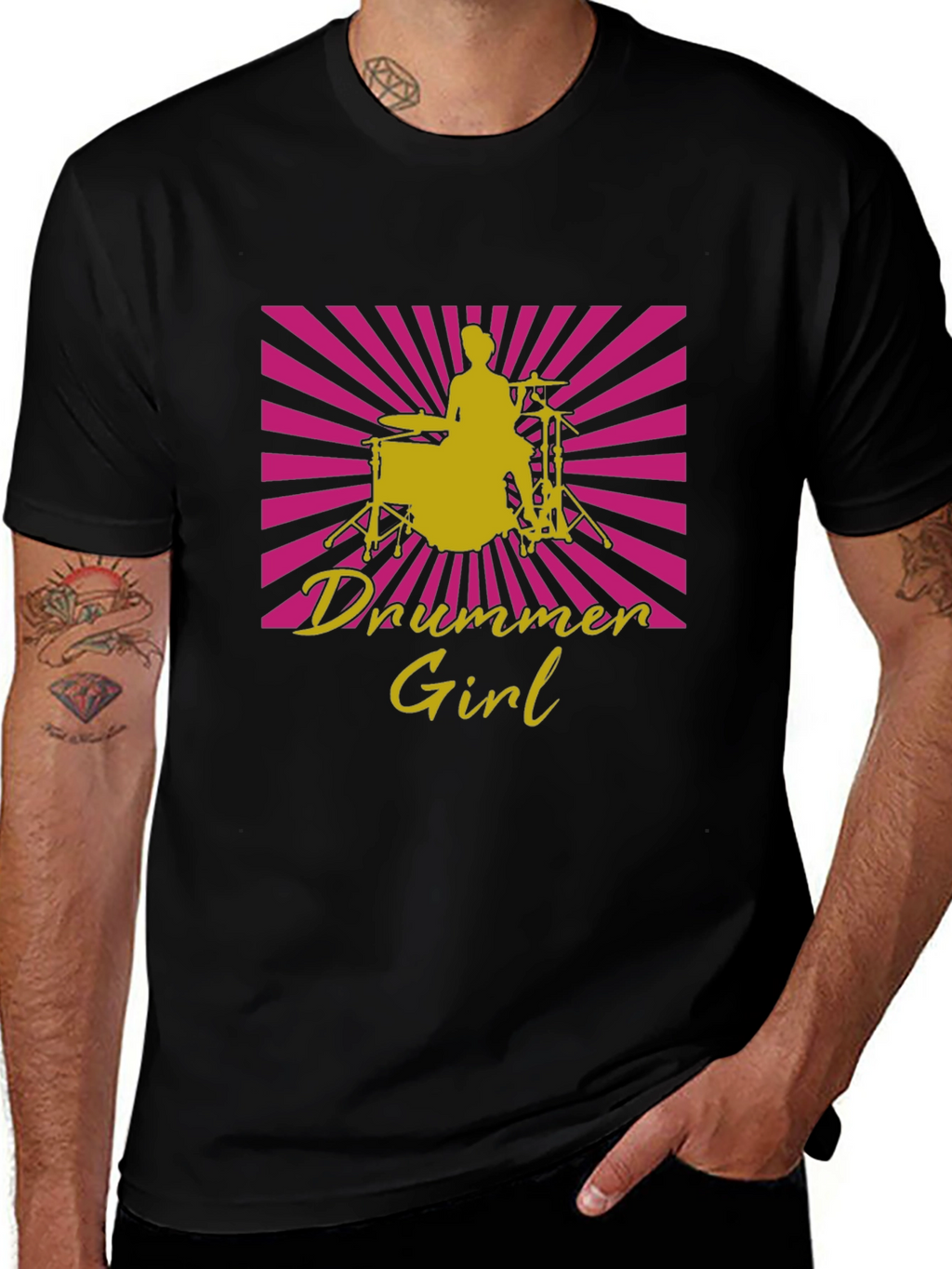 Drummer Girl Graphic Tee - Black Cotton T-Shirt