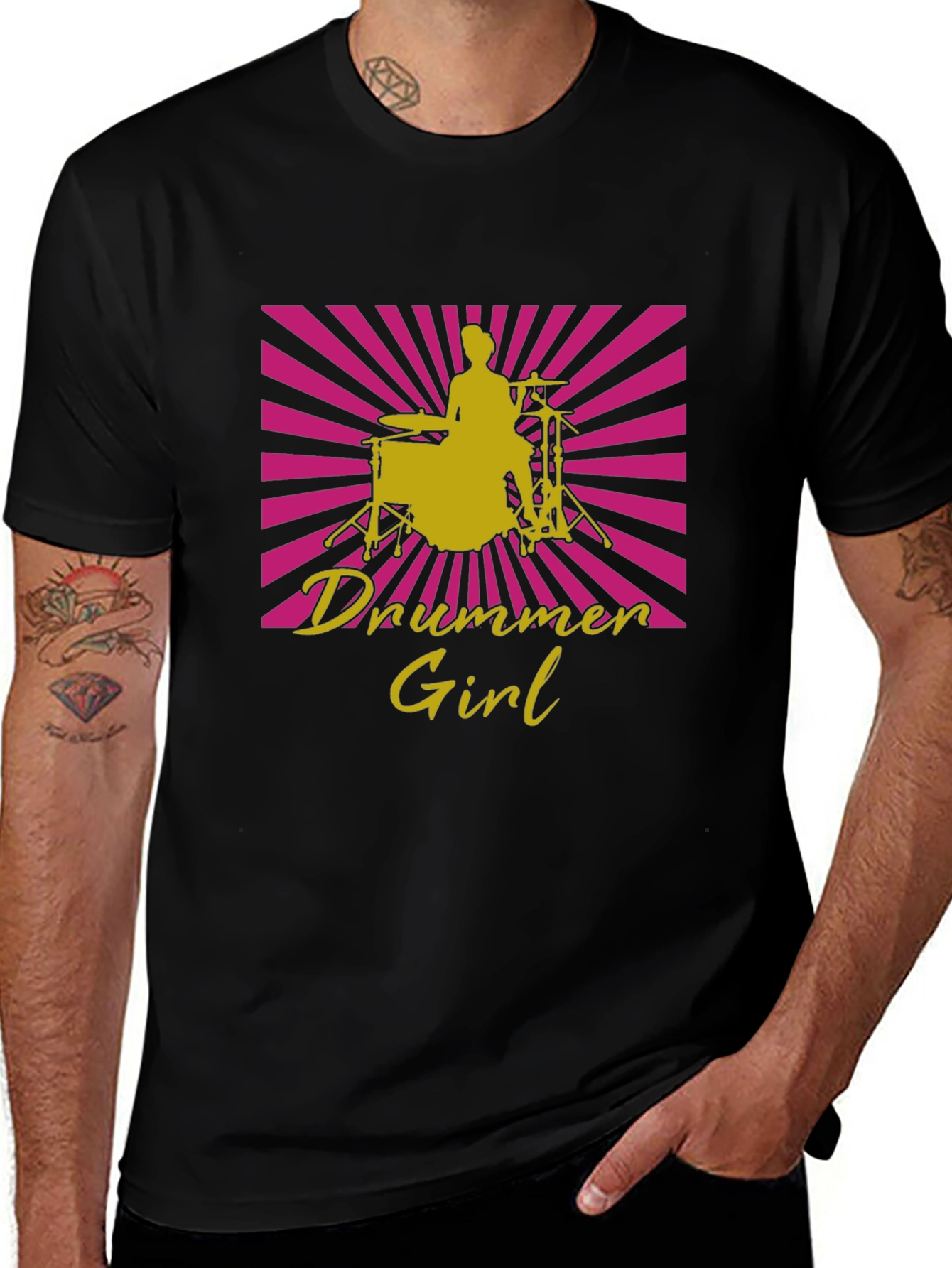 Drummer Girl Graphic Tee - Black Cotton T-Shirt