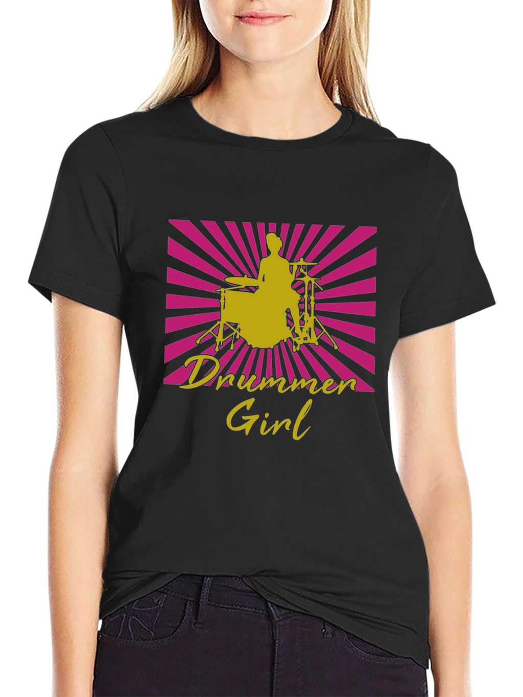 Drummer Girl Graphic Tee - Black Cotton T-Shirt