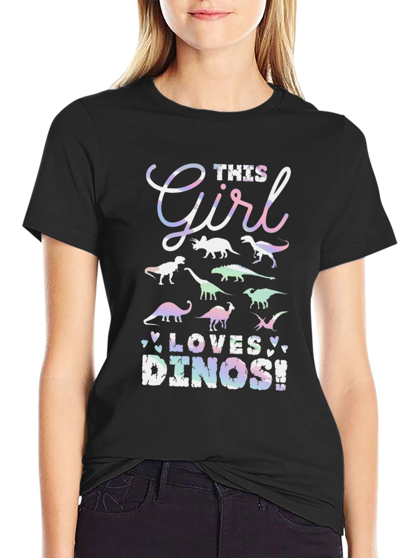 Girl Loves Dinos T-Shirt Black Cotton