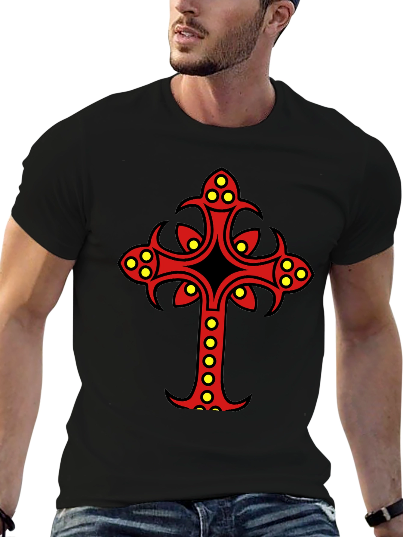 Ornate Cross Graphic Tee - Black Cotton Blend