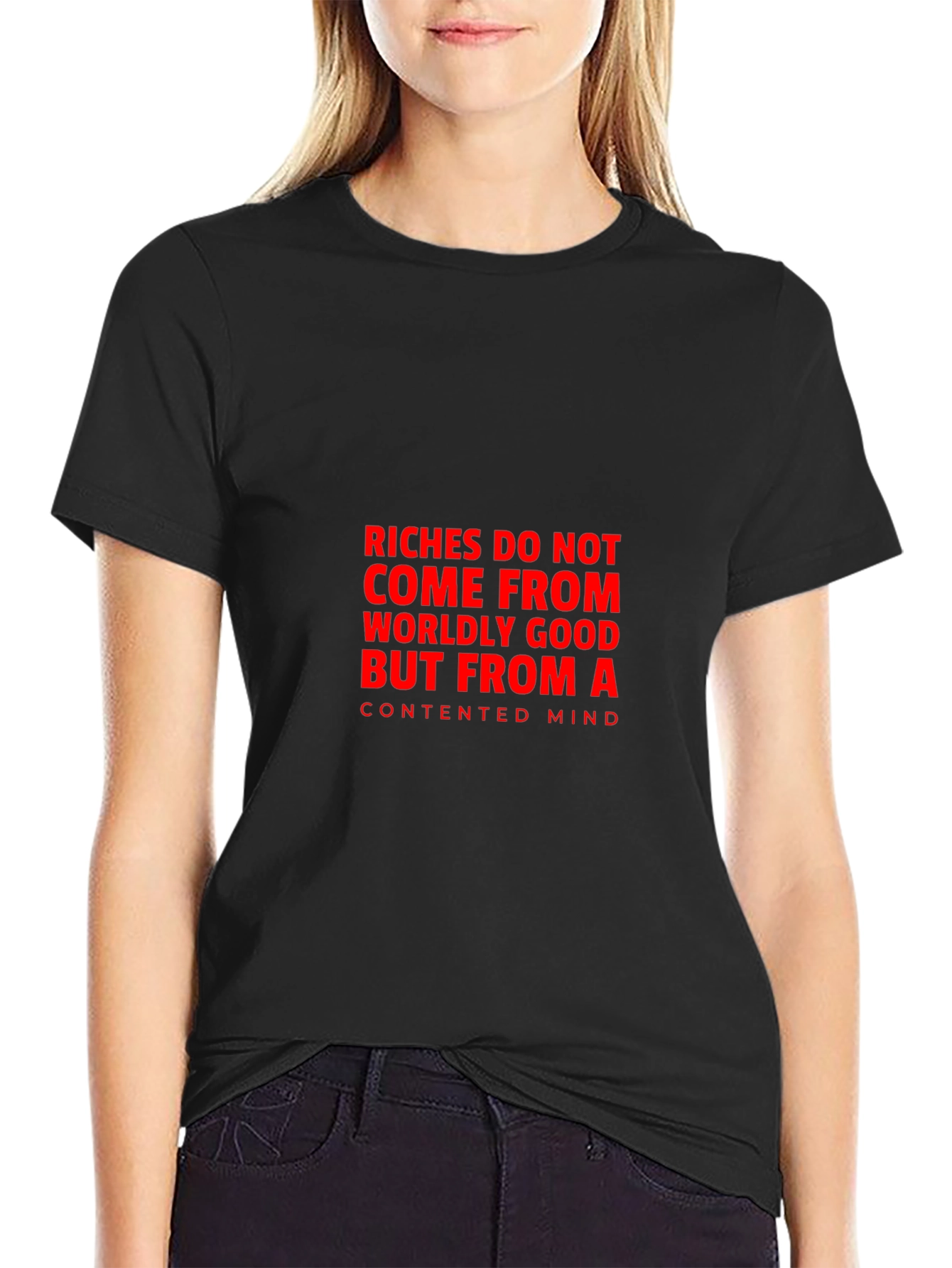 Contented Mind T-Shirt: Black Tee with Bold Quote