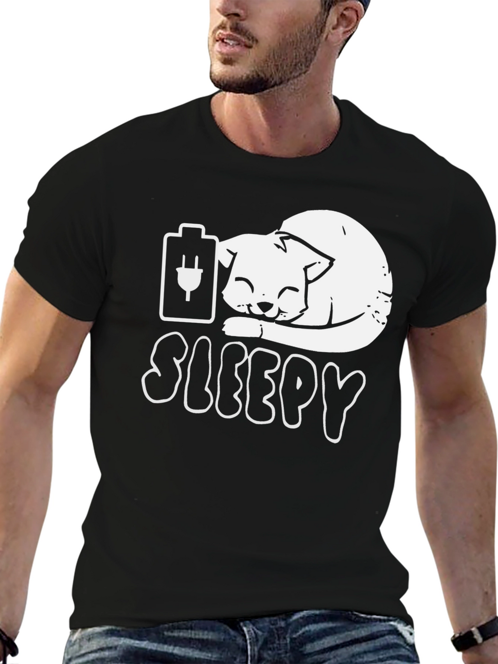 Sleepy Cat Battery T-Shirt - Funny Graphic Tee