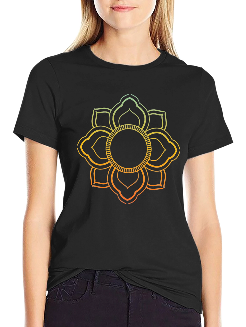 Lotus Mandala Graphic Print Black T-Shirt