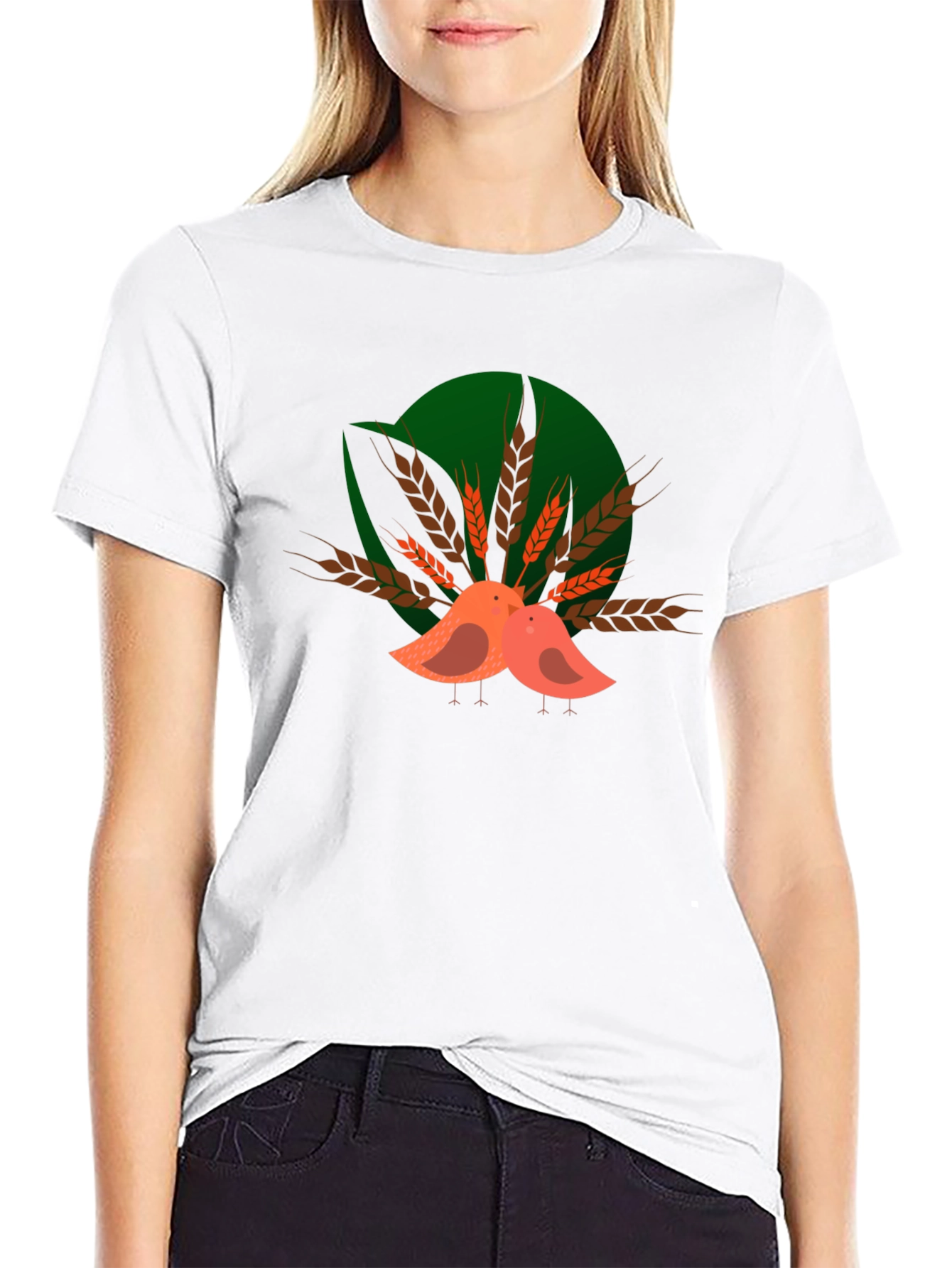 Cute Birds on Wheat Graphic T-Shirt
