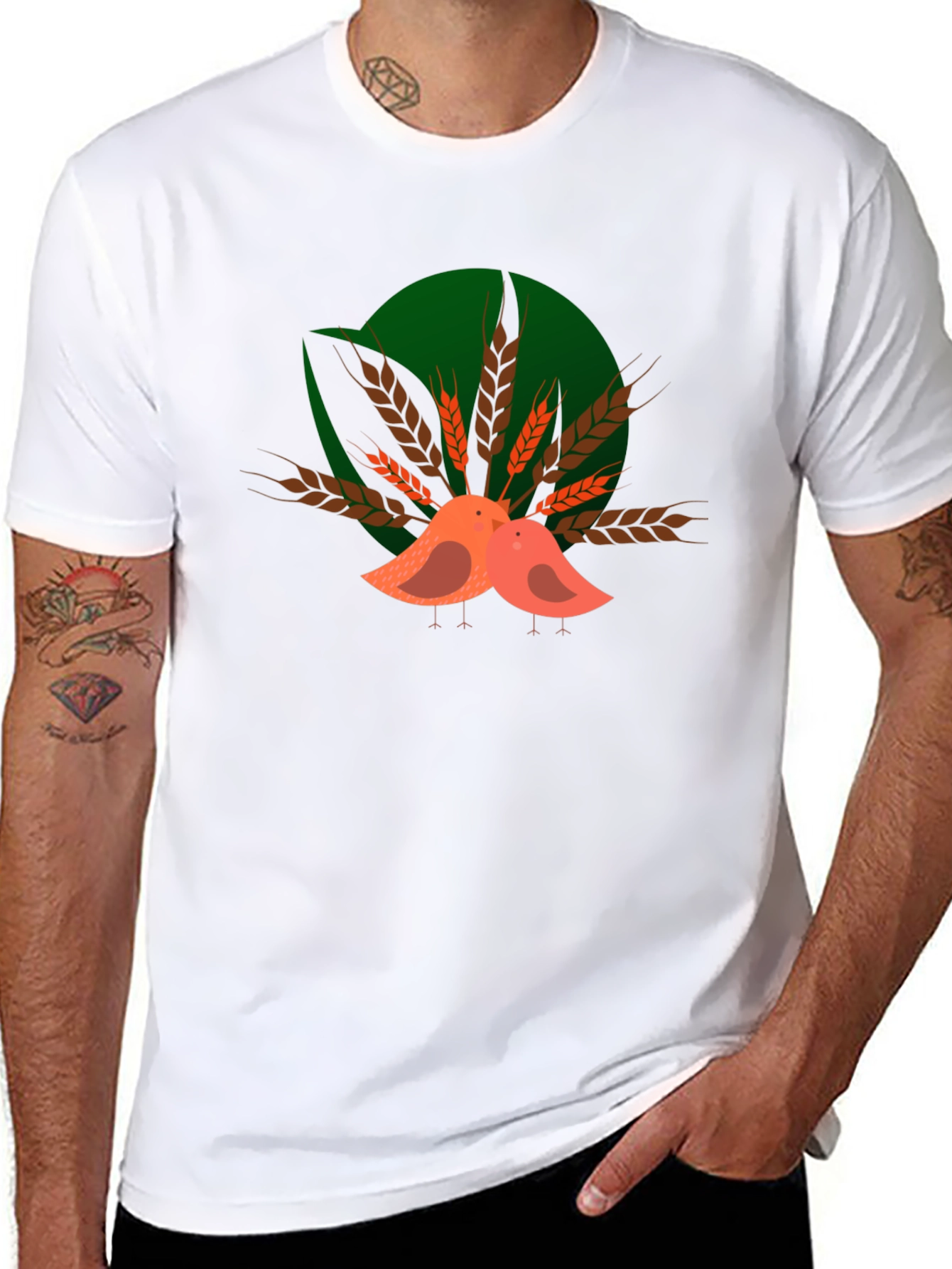 Cute Birds on Wheat Graphic T-Shirt