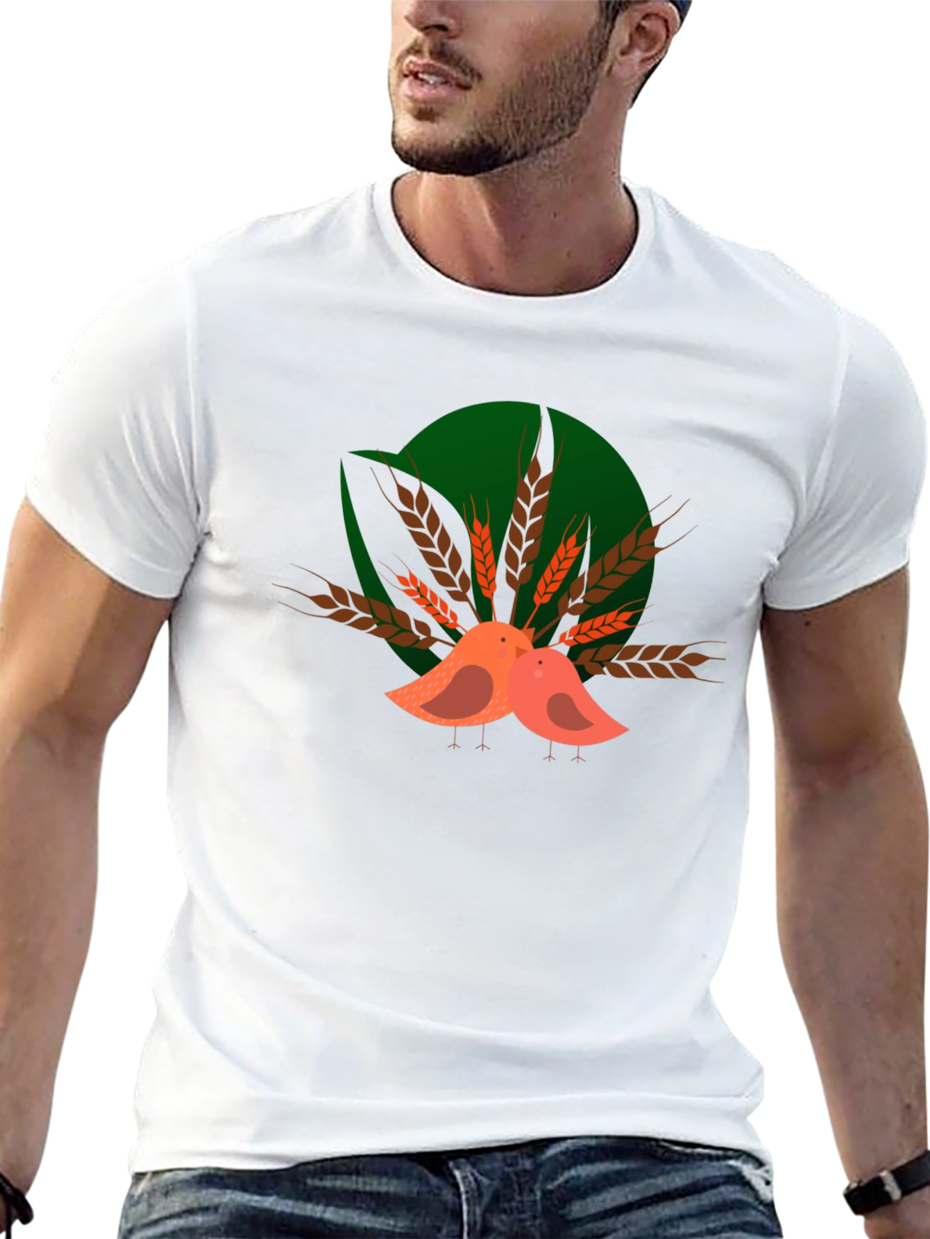 Cute Birds on Wheat Graphic T-Shirt