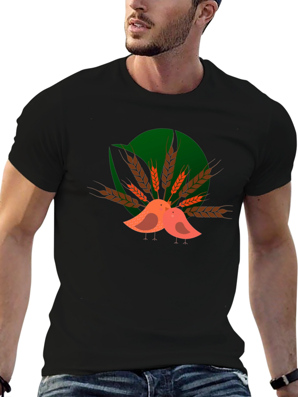 Cute Birds on Wheat Graphic T-Shirt