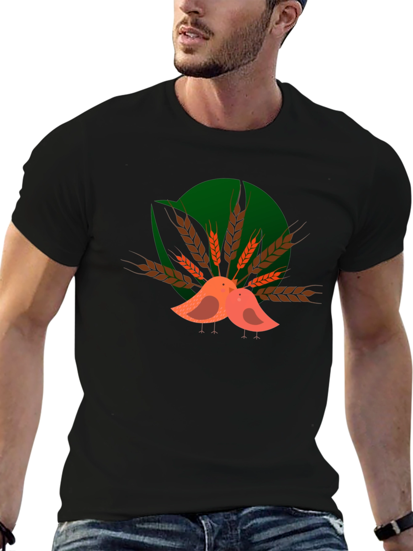 Cute Birds on Wheat Graphic T-Shirt