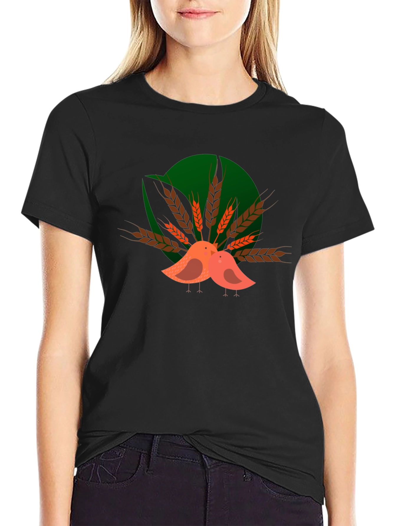 Cute Birds on Wheat Graphic T-Shirt