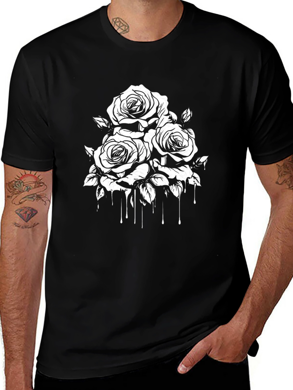 Mens Black T-Shirt with Rose Graphic